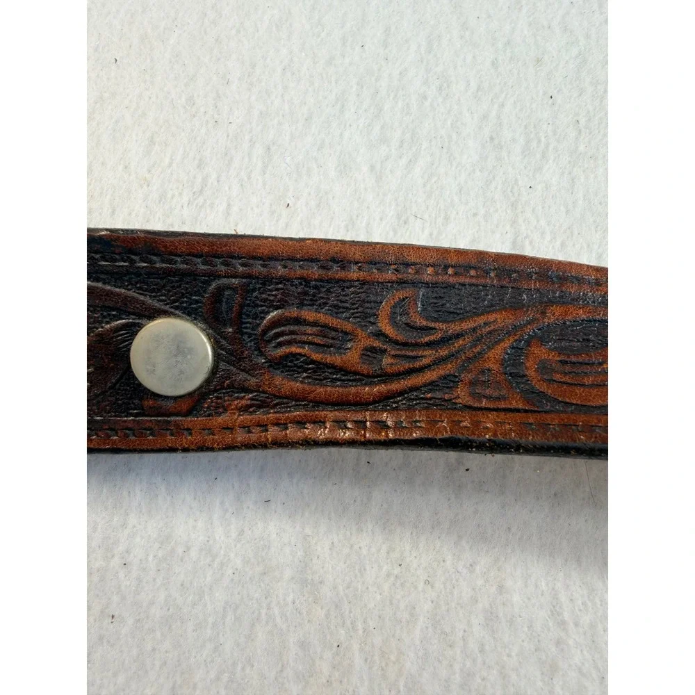 Vintage Mens Brown Tooled Leather Western Belt Strap Floral Scroll 1.5 Inch Wide
